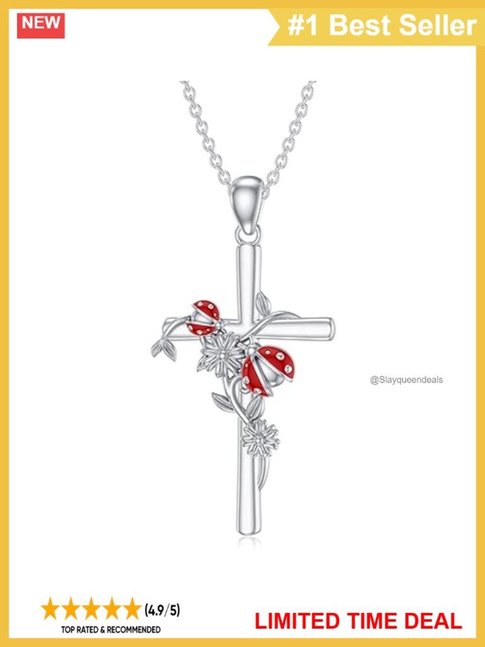 925 Sterling Silver Cross Pendant Necklace with Red Ladybug 18+2in Chain